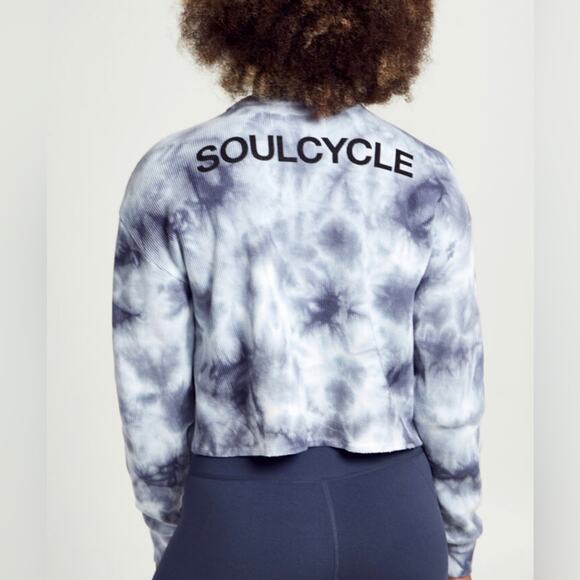 SoulCycle Julia Cropped Waffle Sweatshirt Long Sleeve Top Blue Black Small - Picture 2 of 7